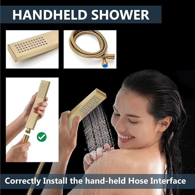 Aolemi Shower Faucet Set with Valve Handheld 10" LED Head Brushed Gold | Handheld Spray,10 Inch Rain LED Head,Valve and Trim Kit,All Metal,Wall Mount Shower System,Bathroom Mixer