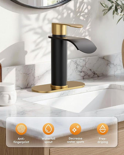 Waterfall Bathroom Faucet: WOWOW Black and Gold Modern Single Handle Bathroom Faucets for 1 or 3 Hole Bathroom Sink Faucet Mixer Tap Washbasin Faucet with Deck, Pop-up Drain and Supply Hoses