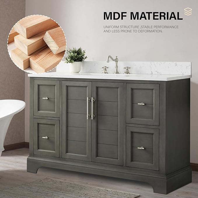 HOMEBEYOND 48 Inch Bathroom Vanity with Single Sink & Ceramic Top, Vanity Cabinet with Center Countertop Basin, Soft-Closing Doors, Backsplash,Sliver Grey