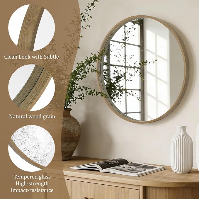Round Wood Mirror 24" Circle Wall Mirror for Bathroom Round Wall Mirror for Wall Decor, Vanity, Entryway Living Room, Honey