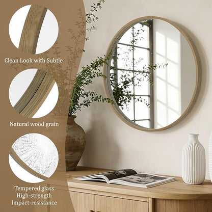 Round Wood Mirror 24" Circle Wall Mirror for Bathroom Round Wall Mirror for Wall Decor, Vanity, Entryway Living Room, Honey