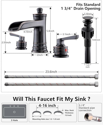 Fapully Oil Rubbed Bronze Bathroom Sink Faucet, Waterfall Bathroom Faucets 3 Hole, 8 Inch Widespread Bathroom Faucet with Pop-up Drain, 2-Handle Faucet for Bathroom Sink Vanity RV