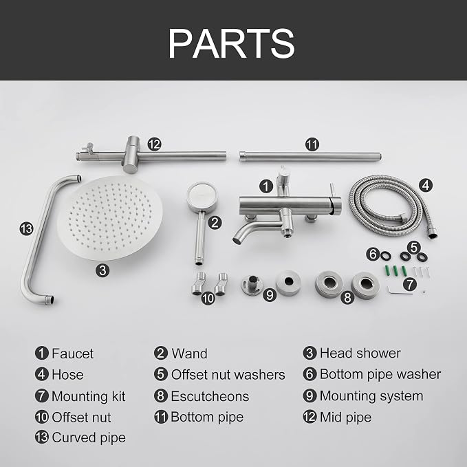 SS304 Outdoor Shower Kit - Brushed Nickel, High Pressure Shower Head with Handheld, Complete Shower System