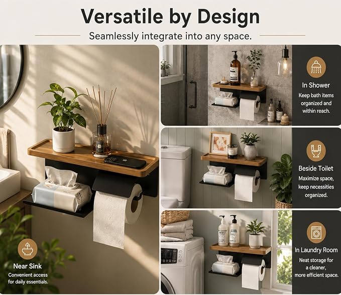 Toilet Paper Holder with Wide Solid Wood Shelf, Wall Mounted Matte Black | 16" X 5.3" Double Roll Holder Fits Phone & Large Wipes Storage | Rust-Resistant for Rustic Farmhouse Bathrooms Organizer