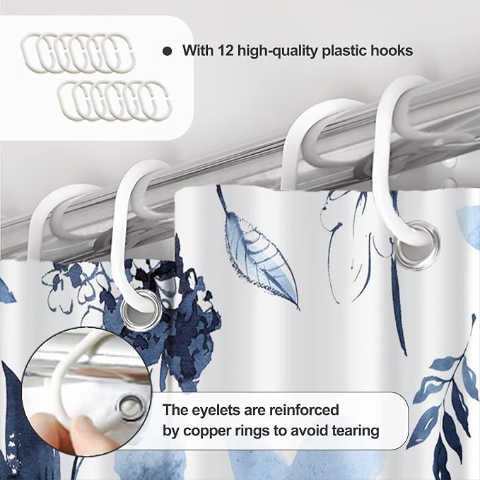 AWERT Blue Floral Watercolor Ink Flowers Shower Curtain With Hooks - Waterproof Fabric for Bathroom Decor 72x78inch