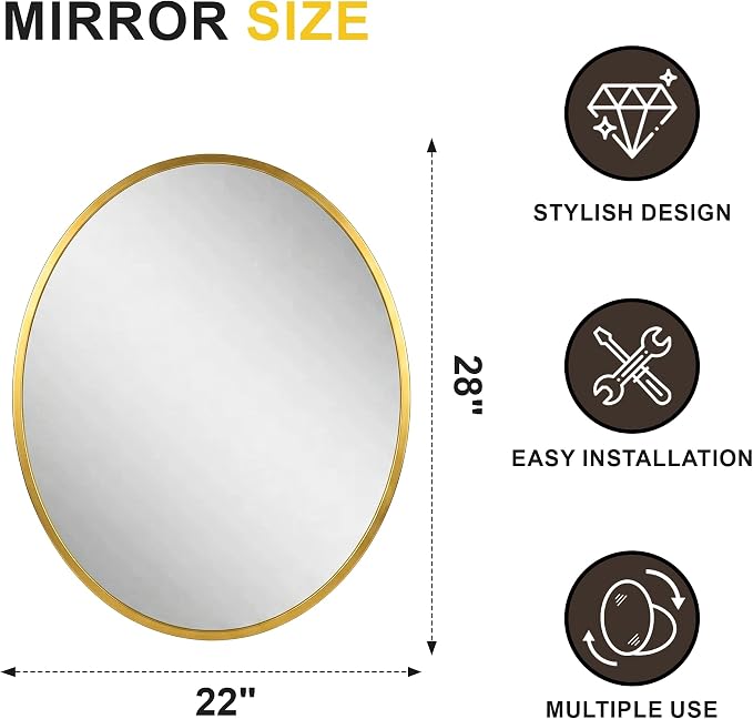 Oval Bathroom Mirror for Wall, 22"x28" Gold Bathroom Vanity Mirror | HD Shatterproof Glass, Metal Framed, Oval Vanity Mirrors for Bathroom, Bedroom, Living Room, Entryway, Horizontal or Vertical