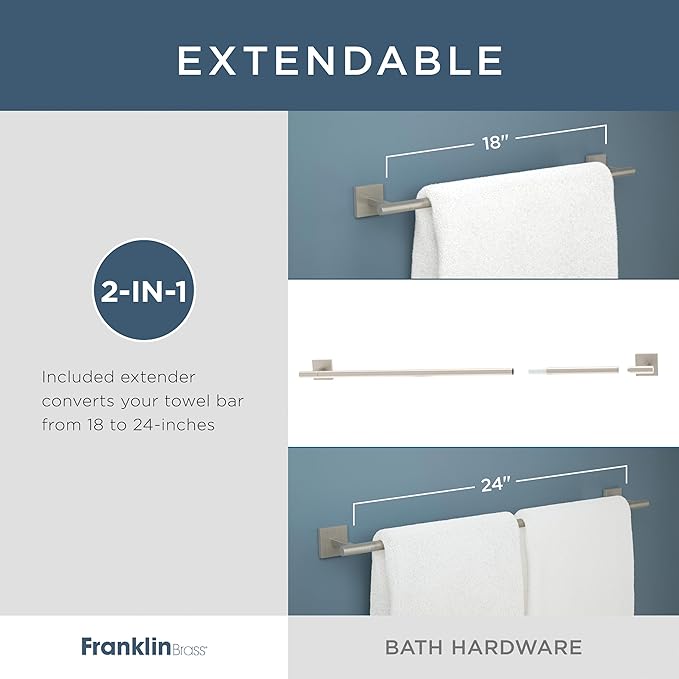 Franklin Brass Nash 4-Piece Bathroom Set Satin Nickel 18" Towel Bar w/ 6" Extender, Toilet Paper Holder, Hand Towel Holder, Hook | Bathroom Accessory Set Towel Holder Hardware NASH64-BN