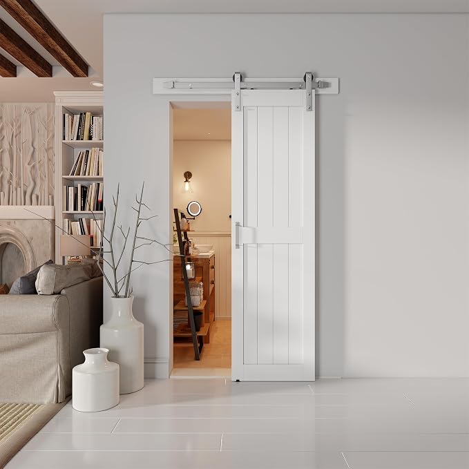 24''x84'' Sliding Barn Door with 5 Ft Brushed Nickel Hardware Kit | Pre-Drilled Holes Easy Assembly - Include Installation Manual, Water-Proof PVC Surface, H-Frame, White