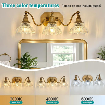 hesoge Vintage Bathroom Light Fixture Brushed Gold Vanity Light with Crystal Glass Shade Antique Brass 3 Light Bathroom Light Over Mirror