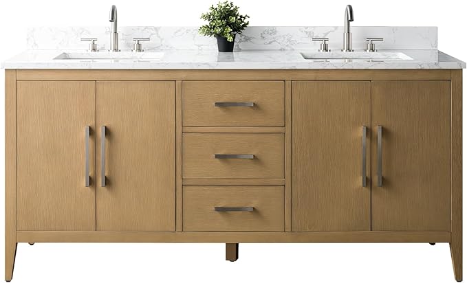 Vanity Art 72 inch Bathroom Vanity with Double Sink & Ceramic Top, Vanity Cabinet with Soft-Closing Doors, Drawers, Solid Wood Frame, Natural Oak, Brushed Nickle Handware