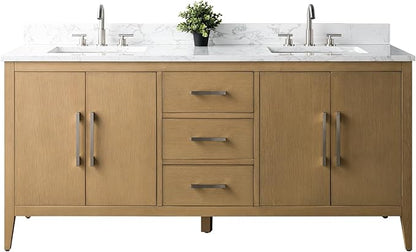 Vanity Art 72 inch Bathroom Vanity with Double Sink & Ceramic Top, Vanity Cabinet with Soft-Closing Doors, Drawers, Solid Wood Frame, Natural Oak, Brushed Nickle Handware