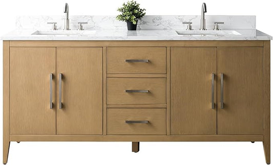 Vanity Art 72 inch Bathroom Vanity with Double Sink & Ceramic Top, Vanity Cabinet with Soft-Closing Doors, Drawers, Solid Wood Frame, Natural Oak, Brushed Nickle Handware
