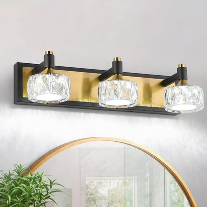 Modern Black Gold Bathroom Vanity Light Fixture 3-Light Dimmable LED Crystal Vanity Light for Over Mirror, Stylish Bath Wall Lights in Black and Gold Finish