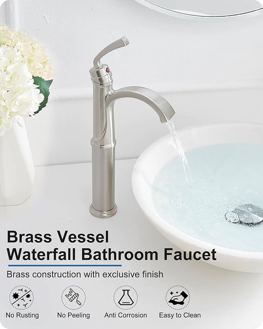 Bathroom Vessel Sink Faucet Brushed Nickel, Brass Tall Waterfall Bathroom Faucet 1 Hole Bathroom Sink Faucet Single Handle Bathroom Faucets with Water Lines Pop-Up Drain