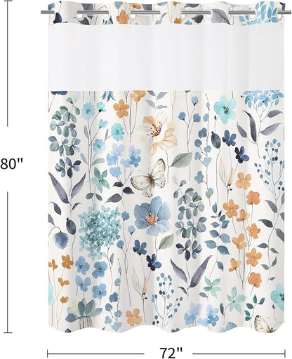 Litabel No Hook Blue Watercolor Floral Shower Curtain and Liner Set, 72x80 | Spring Flower Shower Curtains with Snap-in Liner for Farmhouse Bathroom Decor, Botanical Bathroom Curtain with Leaves