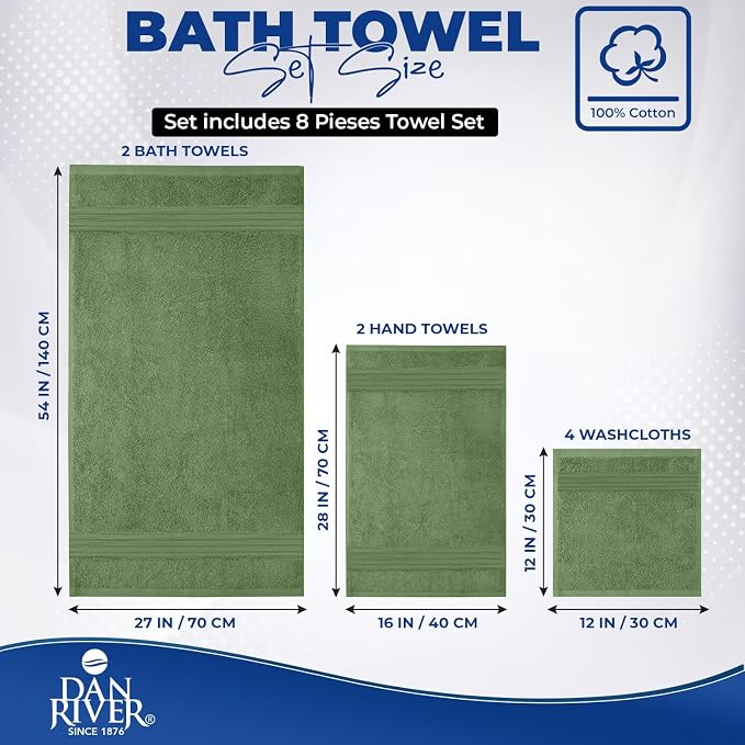 DAN RIVER 8 Piece Luxury Bath Towels for Bathroom, Towel Set, Sage Green | 2 Bath towels, 2 Hand towels, and 4 Wash Cloths, 600 GSM 100% Ring Spun Cotton, Highly Absorbent, Gym, Hotel, guest, and Spa