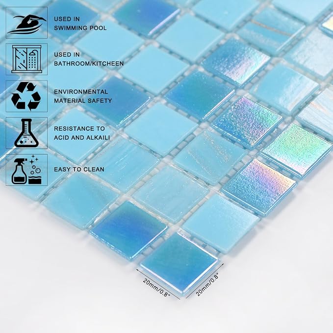 11.5 sq.ft Iridescent Blue Glass Mosaic Tile for Bathroom, Pool, Backsplash | Waterproof Wall & Floor Tile. Heat & frost resistant outdoors. Mesh-mounted easy install. Use any grout. Easy clean. 10pcs.