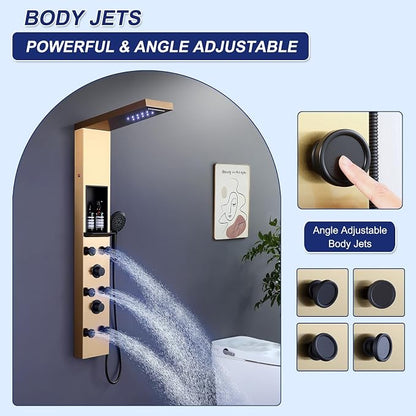 ROVATE LED Rainfall Waterfall Shower Panel Tower with Shelf, Brushed Gold | Powerful Stainless Steel Shower Column with 6 Angle Adjustable Body Massage Jets, Self-Cleaning 5-Setting Handheld