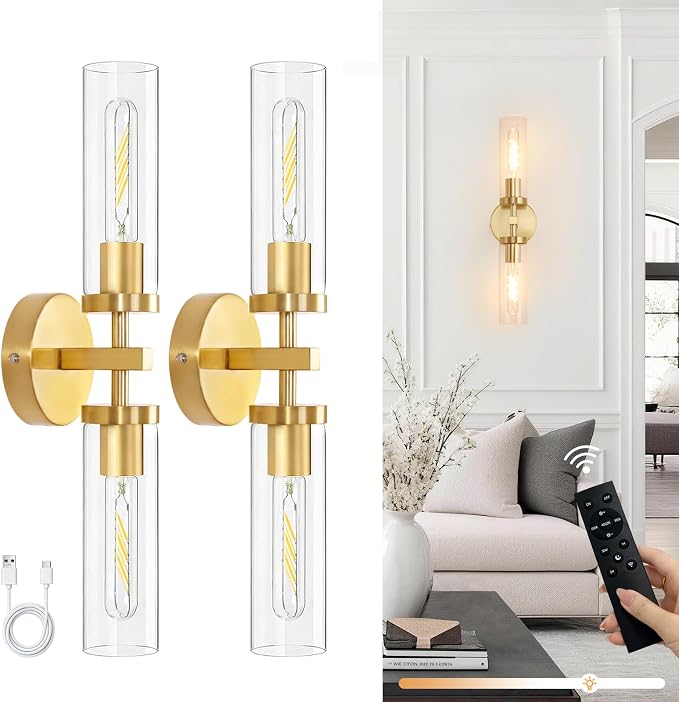 Shenmoyl Set of 2 Wall Sconces, 7800 mAh Battery Operated Wall Sconce with 3 Colors & Remote Control, Gold Rechargeable Wall Lamp with Clear Glass Shade for Bedroom, Bathroom, Living Room, Hallway