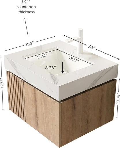 KEIKI 24 Inch Floating Bathroom Vanity with Sink, White Oak & White | Modern Wall Mounted Storage Cabinet with 2 Doors, Pre-assembled Wood Panels, Sintered Stone Top & Ceramic Basin Combo Set