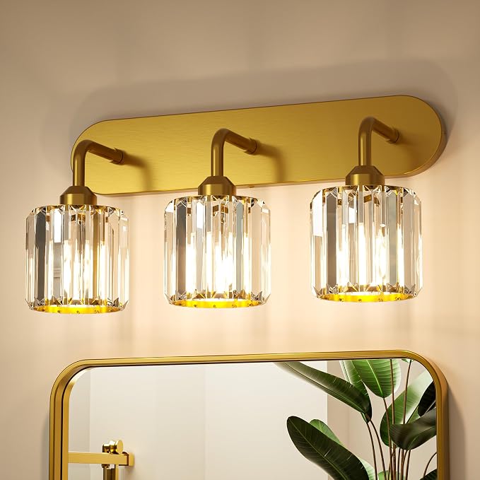 Keonjinn 3-Light Gold Bathroom Light Fixtures Over Mirror, Crystal | Vanity Lighting Fixture with Square Shades, Dimmable, Vintage Style, Compatible with E26 Base LED Bulbs (Blub Not Included)