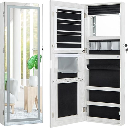 CHARMAID LED Mirror Jewelry Cabinet, Lockable Jewelry Armoire with Adjustable Lighted Full Length Mirror, 3 Lighting Sets, Wall Mounted Door Hanging Jewelry Storage Organizer (Grayish White, 42.5''H)
