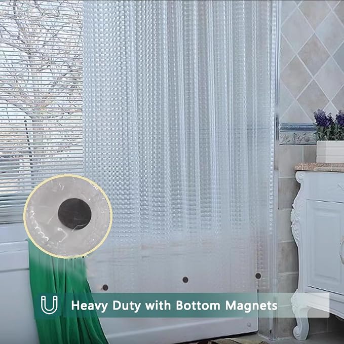 Clear Shower Curtain Liner, 100% Waterproof EVA 3D Shower Curtains with 3 Duty Heavy Bottom Magnets and 12 Rust Proof Grommets, 72x72 Weighted Shower Liner for Shower Stall, Bathtubs