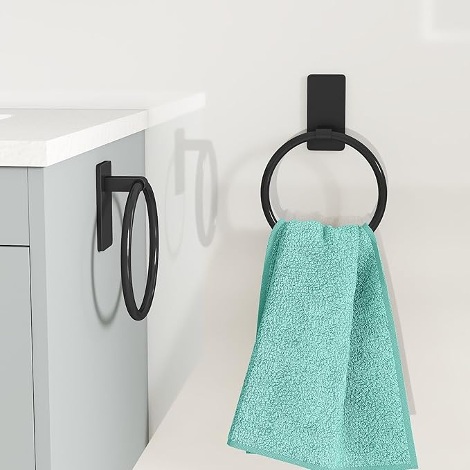 STWWO Hand Towel Holder for Bathroom, Adhesive Round Towel Ring, Black | for Bath RV Kitchen, Self Adhesive No Drill Hole, Easy to Install