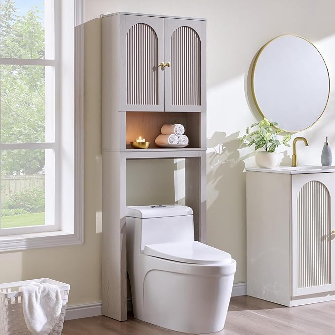 72" Over The Toilet Storage Cabinet, Modern Over Toilet Bathroom Organizer Shelf with Fluted Arched Doors, Wooden Free Standing Bathroom Storage Cabinet with Adjustable Shelf, Space Saver, Light Grey