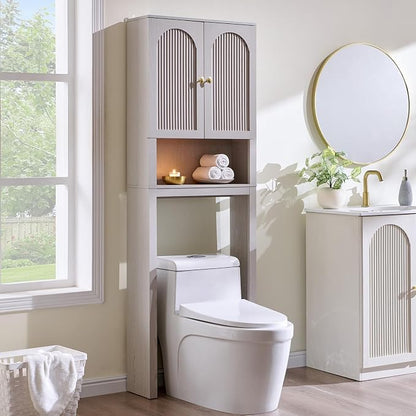 72" Over The Toilet Storage Cabinet, Modern Over Toilet Bathroom Organizer Shelf with Fluted Arched Doors, Wooden Free Standing Bathroom Storage Cabinet with Adjustable Shelf, Space Saver, Light Grey