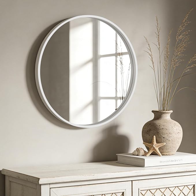 Round Wood Mirror 24 inch Circle Wall Mirror for Bathroom Round Wall Mirror for Wall Decor, Vanity, Entryway Living Room (White)