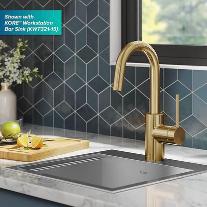 KRAUS Oletto Single Handle Kitchen Bar Faucet with QuickDock Top Mount Assembly in Brushed Brass, KPF-2600BB
