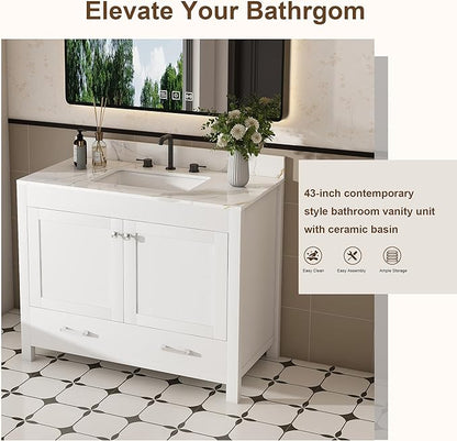 Montary 42" Bathroom Vanity with 43" Sintered Stone Carrara Gold Top, Modern Stylish MDF Bathroom Storage Cabinet, Vanity Set with 2 Doors and One Large Divided Drawer, White (Three Holes)