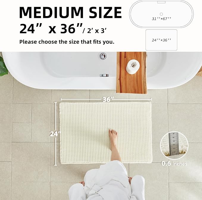 TYUU Cream White Waffle Bath Mat, Boho Bathroom Rugs Non Slip, 36x24 | Super Absorbent Quick Dry Bath Rug, Non-Slip Backing, Soft Waffle Washable Farmhouse Bathroom Mats, Tub, Shower & Home Decor