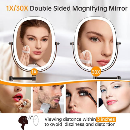 FUNTOUCH 5000mAh Rechargeable Wall Mounted Lighted Makeup Mirror, Bronze | Double Sided 30X/1X Magnifying Mirror Wall Mounted,Extended Arm 360°Rotation,Touch Dimmable,3 Color Lights for Bathroom