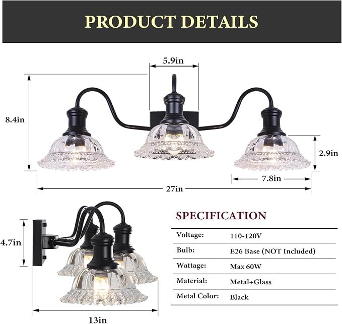 Vintage Bathroom Light Fixtures, 3-Light Matte Black Vanity Light with Flower Glass Shade, Bathroom Lighting Fixtures Over Mirror for Bedroom, Dressing Table