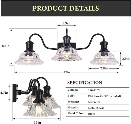 Vintage Bathroom Light Fixtures, 3-Light Matte Black Vanity Light with Flower Glass Shade, Bathroom Lighting Fixtures Over Mirror for Bedroom, Dressing Table