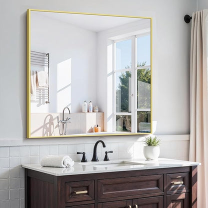 KOCUUY Gold Bathroom Mirror, 42"x42" Square Bathroom Mirror for Wall, HD Tempered Glass, Anti-Rust Frame, Modern Design for Bathroom, Bedroom, Living Room, Entryway