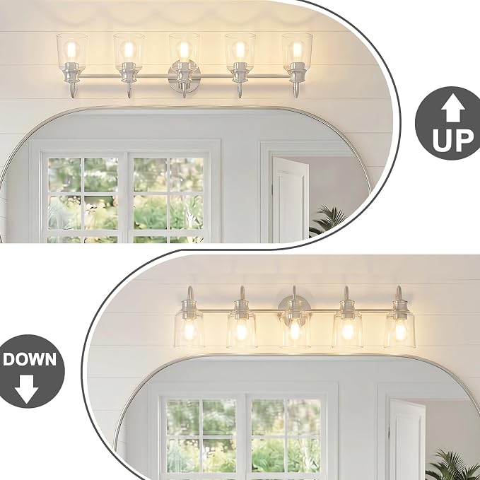5 Lights Bathroom Light Fixtures Brushed Nickel Vanity Lights | ETL Certificate, Easy to Install,Wall Mount Up or Down,Thickened Glass Lampshade,E26 Socket,Hardwired