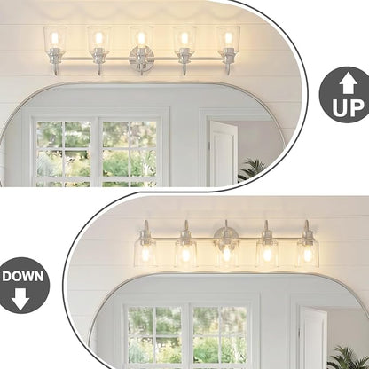 5 Lights Bathroom Light Fixtures Brushed Nickel Vanity Lights | ETL Certificate, Easy to Install,Wall Mount Up or Down,Thickened Glass Lampshade,E26 Socket,Hardwired