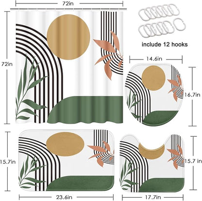 Bathroom Sets with Shower Curtain and Rugs, 4 Pcs, Boho Green | Minimalist Modern Abstract Bathroom Decor Set with Toilet Lid Cover, Non-Slip Bath Mats and 12 Hooks