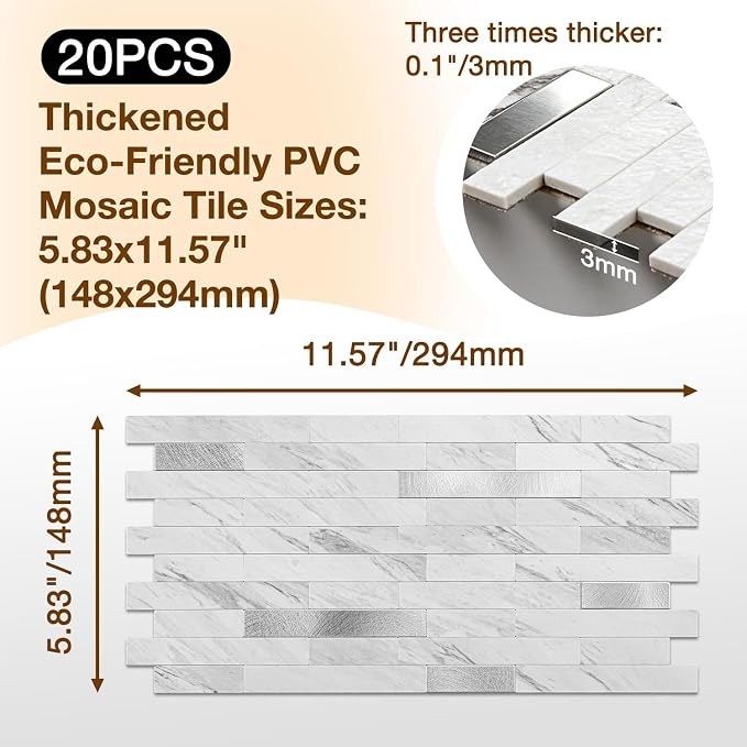 Peel and Stick Backsplash Tile Waterproof Removable PVC Wall Sticker 3D Faux Stone Marble Brick White Accent Panels (White Marble - Metal Silver, 20 Tiles - 9 sq. ft. (0.84 M²))