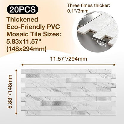 Peel and Stick Backsplash Tile Waterproof Removable PVC Wall Sticker 3D Faux Stone Marble Brick White Accent Panels (White Marble - Metal Silver, 20 Tiles - 9 sq. ft. (0.84 M²))
