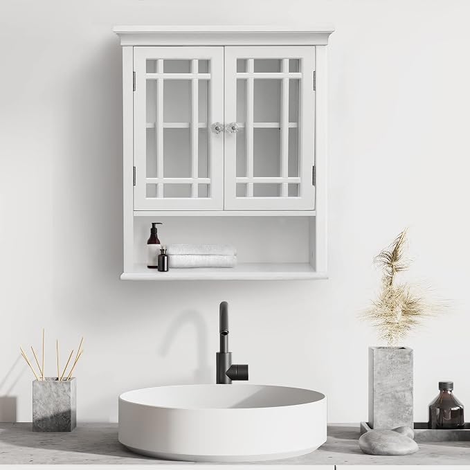 Teamson Home Neal Wooden Over The Toilet Bathroom Removable Wall Medicine Cabinet with 1 Fixed and 1 Adjustable Shelf 3 Storage Spaces 2 Glass Mosaic Doors and Crystal-Cut Acrylic Knobs, White | Detachable Over the Toilet Storage, Two Doors, Adjustable...