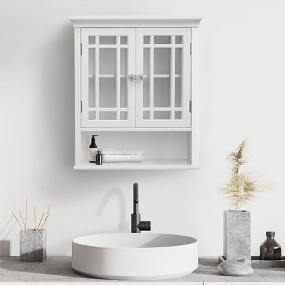 Teamson Home Neal Wooden Over The Toilet Bathroom Removable Wall Medicine Cabinet with 1 Fixed and 1 Adjustable Shelf 3 Storage Spaces 2 Glass Mosaic Doors and Crystal-Cut Acrylic Knobs, White | Detachable Over the Toilet Storage, Two Doors, Adjustable...