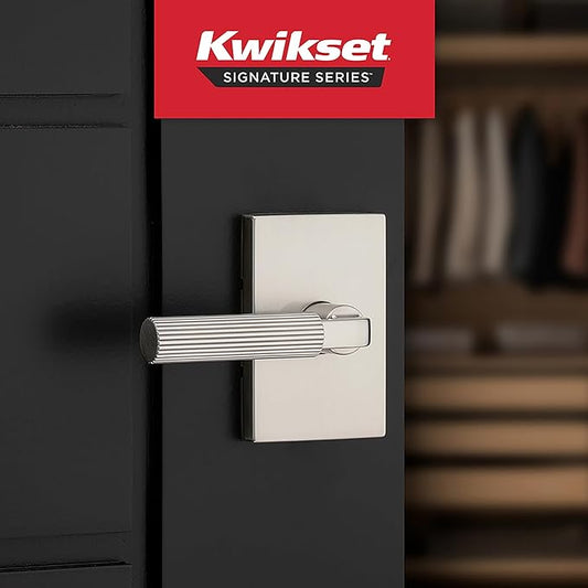 Kwikset Mirada Reeded Interior Passage Door Handle, Lever for Closet and Hallway Doors, Reversible Non-Locking Handle Lever, Satin Nickel, with Microban Protection