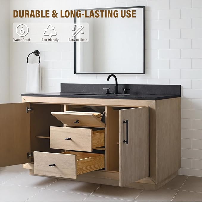 60 Inch Bathroom Vanity with Single Sink & Black Ceramic Top, MDF Material Vanity Cabinet with Basin Combo, Soft-Closing Doors, Removable Shelf, Backsplash