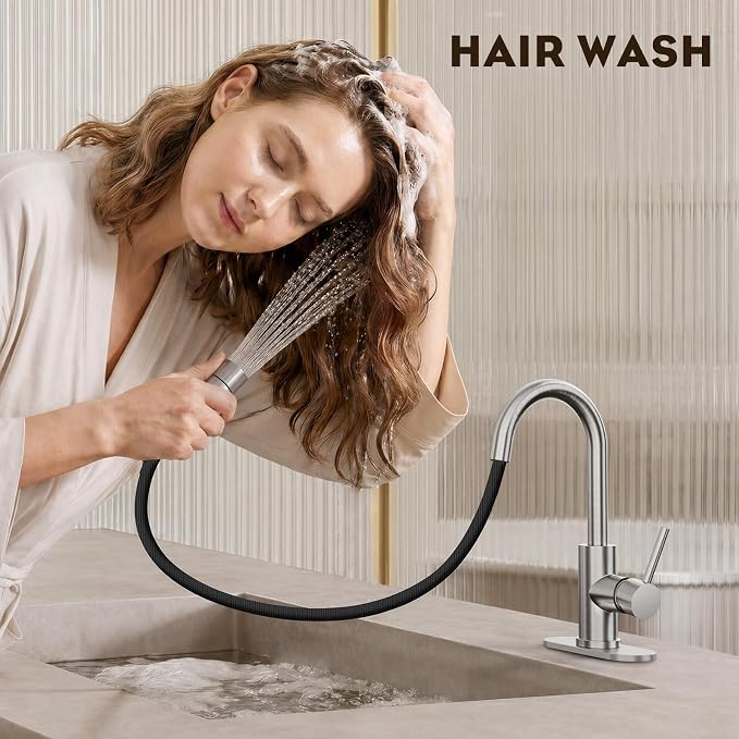 High Arc Pull Out Sprayer Bathroom Faucet,Brushed Nickel Single Handle Pull Down Faucet with Pop-Up Drain,1 or 3 Hole 2 Model RV Bar Laundry Utility Sink Faucet with Deck Plate, WE08CL-ZY-BN