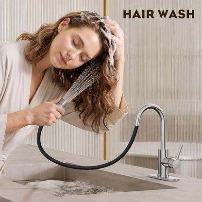 High Arc Pull Out Sprayer Bathroom Faucet,Brushed Nickel Single Handle Pull Down Faucet with Pop-Up Drain,1 or 3 Hole 2 Model RV Bar Laundry Utility Sink Faucet with Deck Plate, WE08CL-ZY-BN