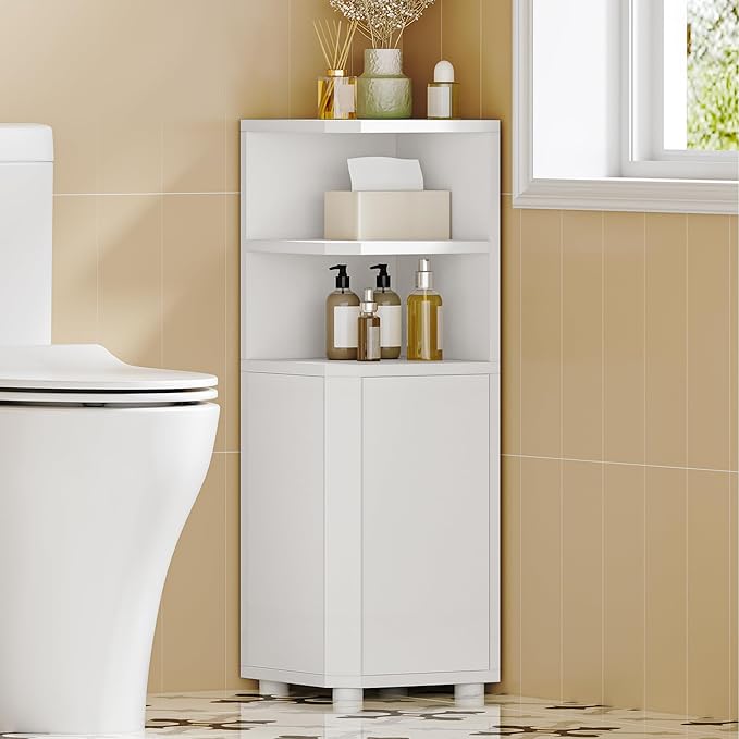 Corner Cabinet, Small Bathroom Corner Cabinet with Doors, Narrow Storage Cabinets with Adjustable Shelves, Bathroom Organizers and Storage for Small Space, White BC21003X